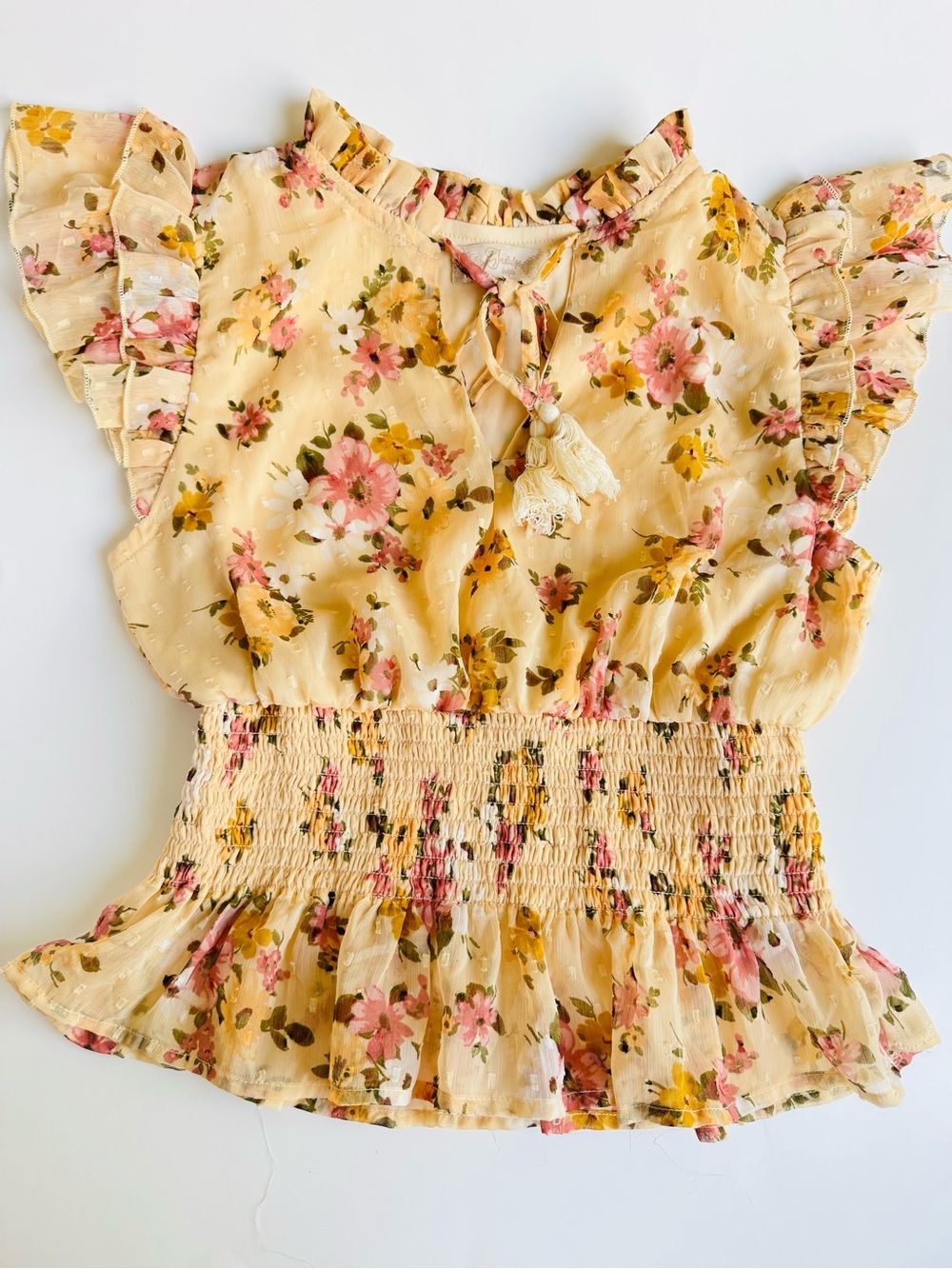 Smocked Floral Ruffle Blouse in Yellow - Women
